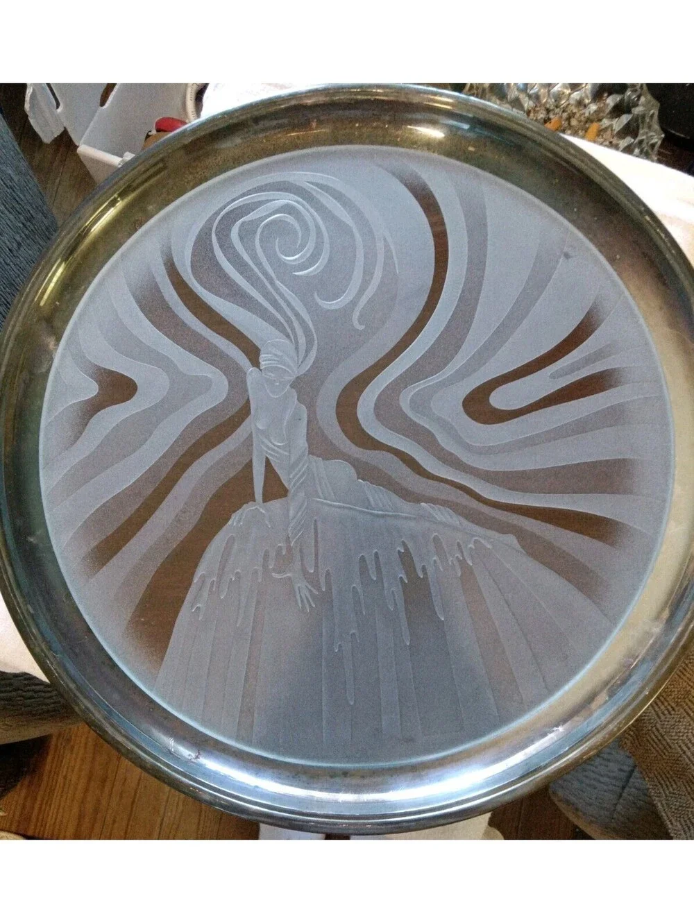 Postmodern Deep Carved Sandblasted Art Glass Charger Platter Lady Silhouette...